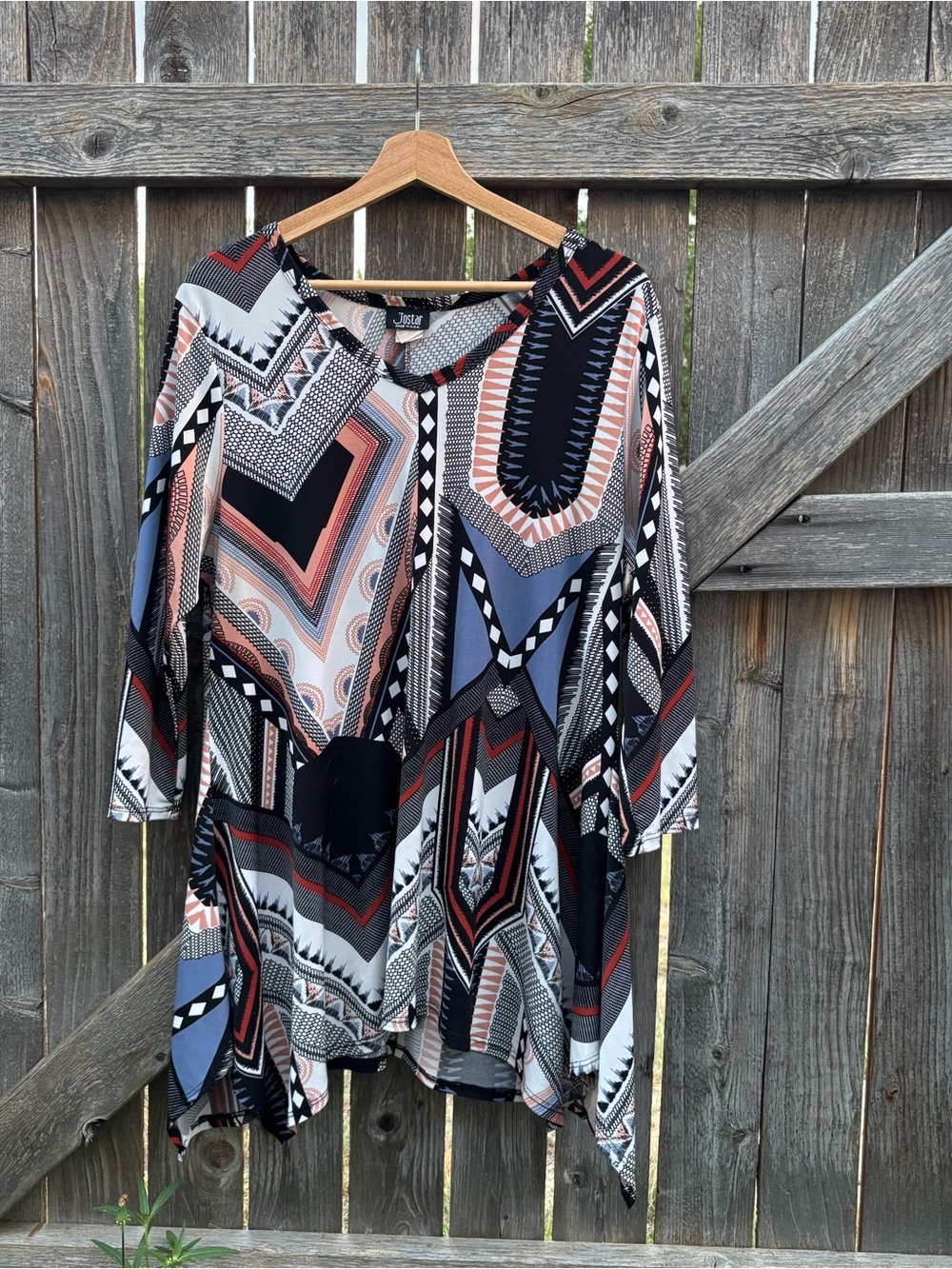 Jostar Boho Geo Print V-Neck Tunic Top - Black, Blue & Coral
